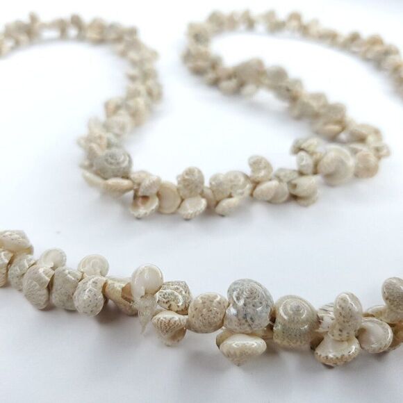Long Puka Snail Shell Necklace Spiral Coin Cluster Beige Boho Beach Cruise S1 - Picture 1 of 3